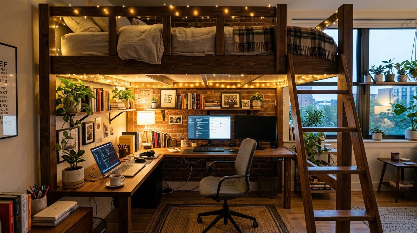 A desk area with computers and plants situated under a lofted bed decorated with fairy lights in a brick-walled room.