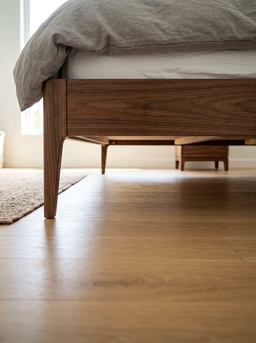 Close-up of a wooden bed frame with tapered legs sitting on a polished hardwood floor in a sunlit bedroom.