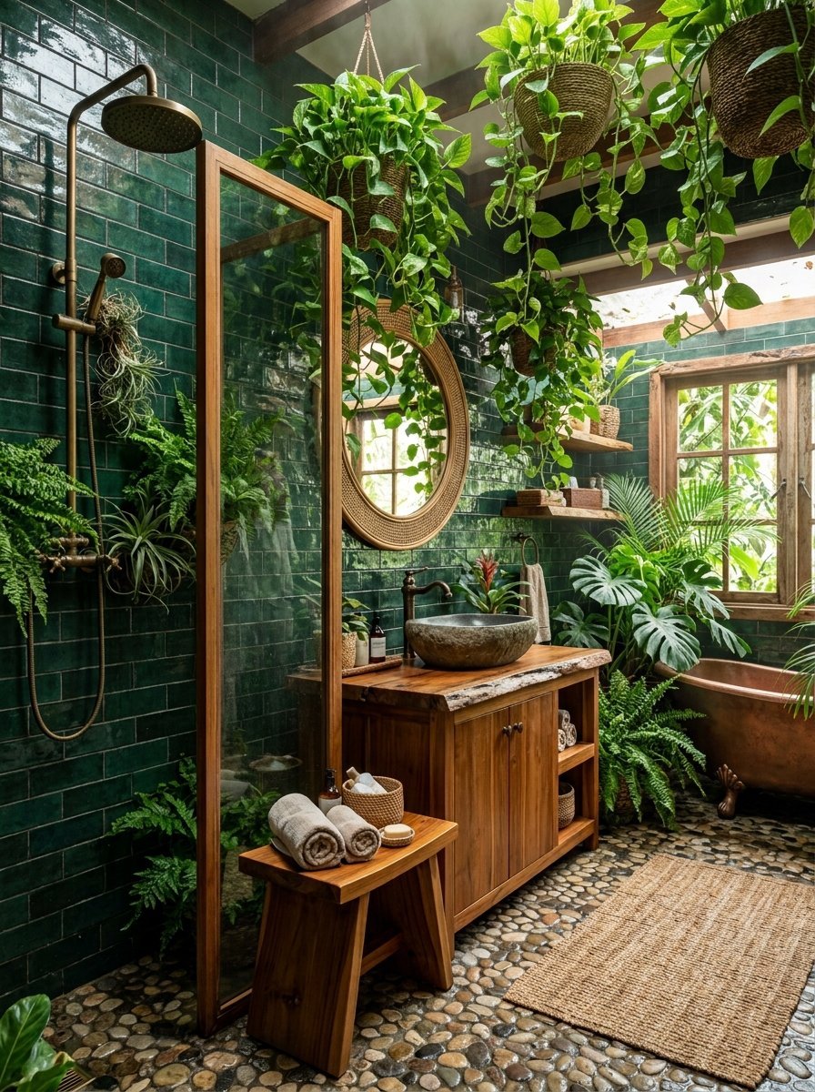 A bathroom with dark green subway tiles, a wooden vanity, a stone sink, and many hanging ferns and indoor plants.