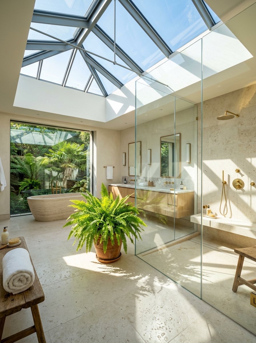Spacious spa-like bathroom with a large glass skylight, floating vanity, and a freestanding stone bathtub.