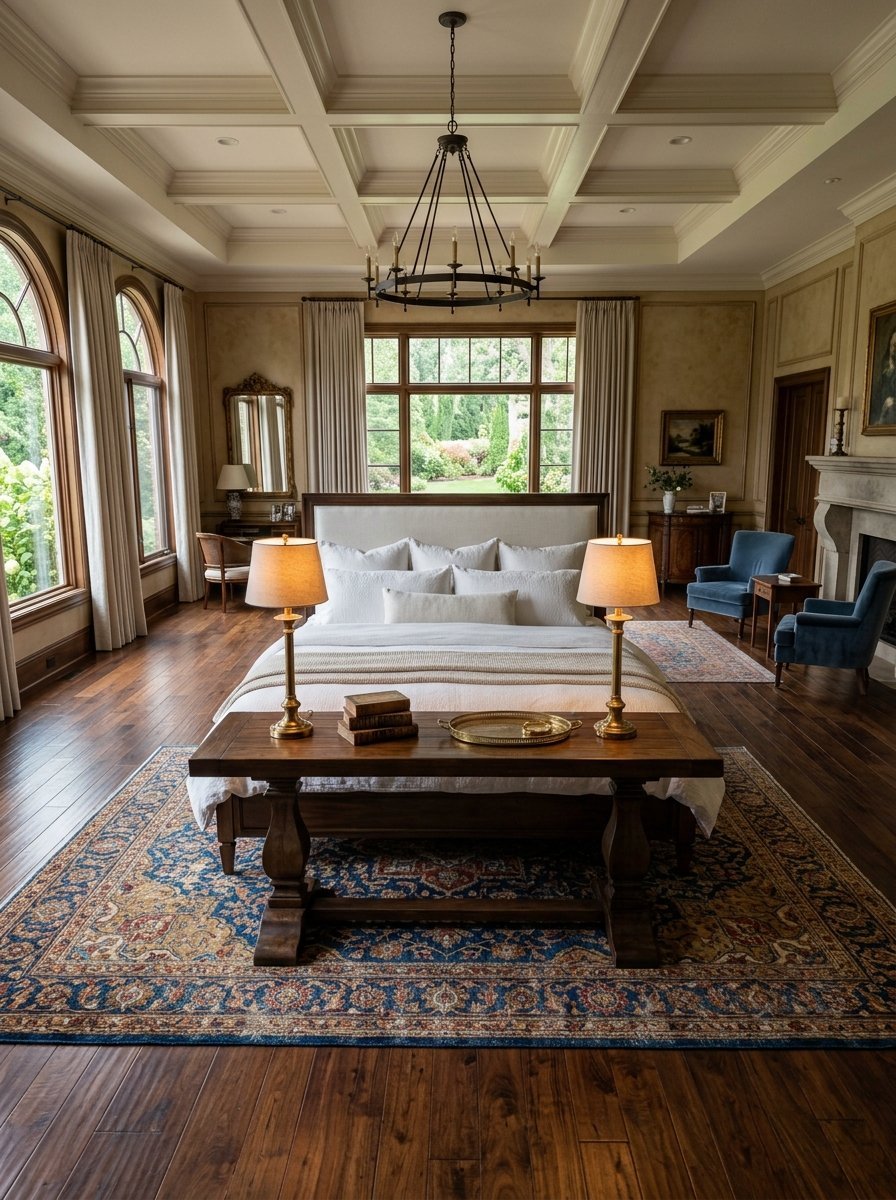 Spacious bedroom with a king bed, central chandelier, and blue velvet chairs on a large patterned rug.