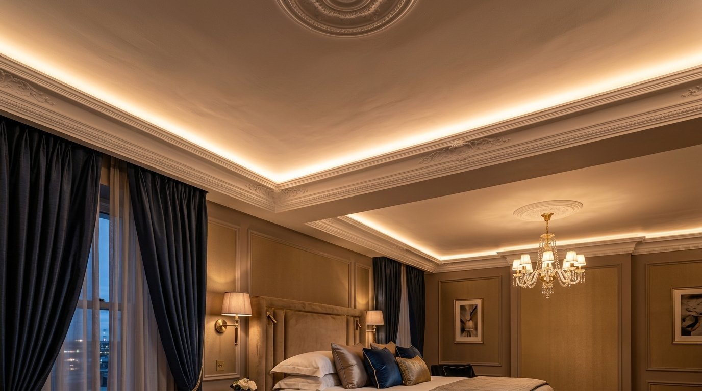 A sophisticated hotel bedroom with ambient LED strip lighting, navy curtains, and a crystal chandelier.