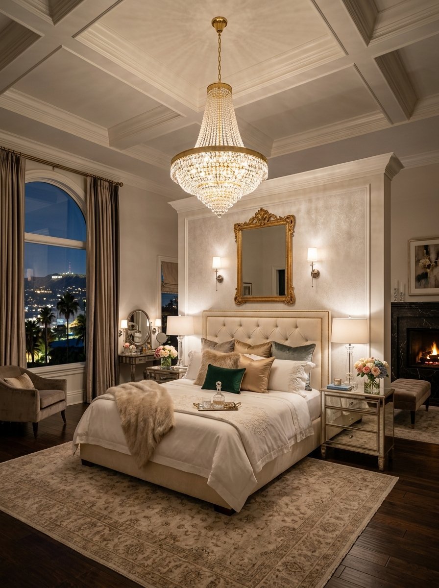 A sophisticated bedroom with a tufted headboard, crystal chandelier, and a view of the Hollywood sign at night.