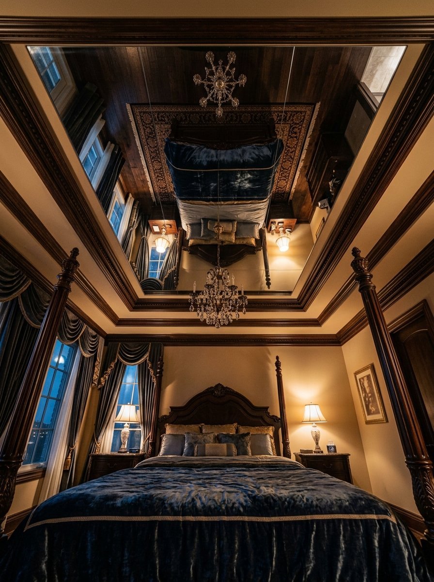View of a grand bedroom with four-poster bed and a large mirror on the ceiling reflecting the furniture.
