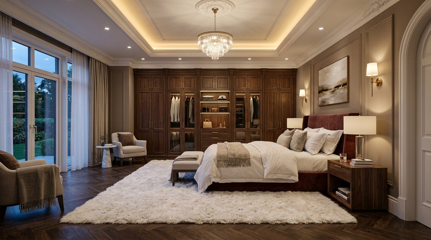 Spacious bedroom with a velvet headboard, white shaggy rug, and floor-to-ceiling wooden wardrobe units.