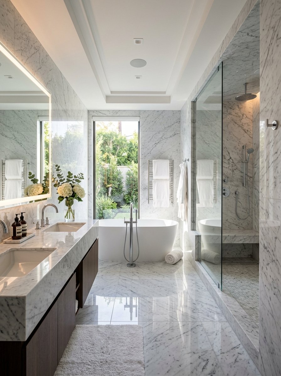 Modern bathroom with white marble walls and flooring, double vanity, glass shower, and tub by a window.