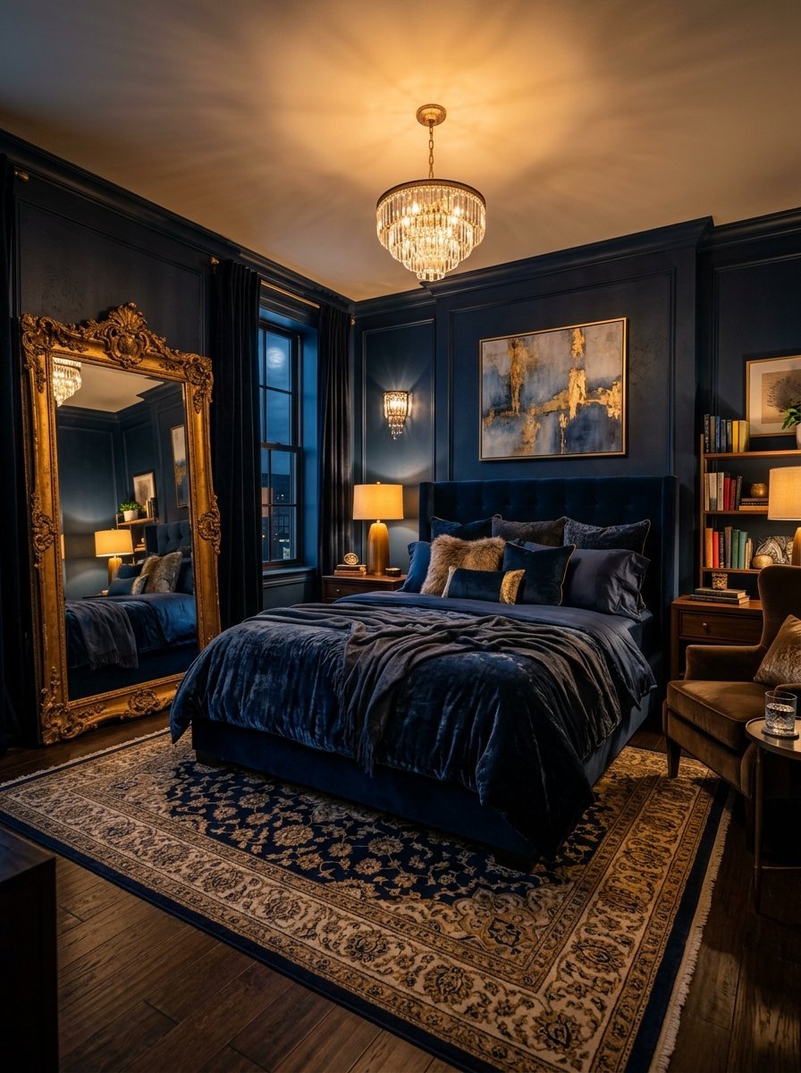 A bedroom with dark navy walls, a velvet bed, and a floor-length vintage gold-framed mirror.