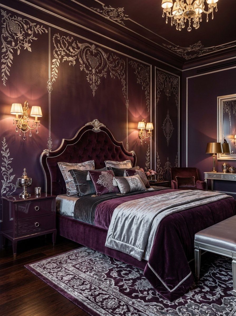 Opulent master suite with dark purple walls, metallic scrollwork, crystal lighting, and a tufted bed.