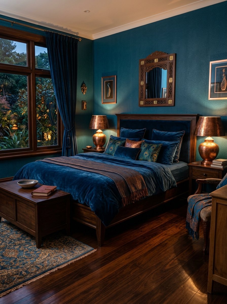 Moody bedroom with teal walls, dark wood furniture, velvet bed linens, and hammered copper table lamps.