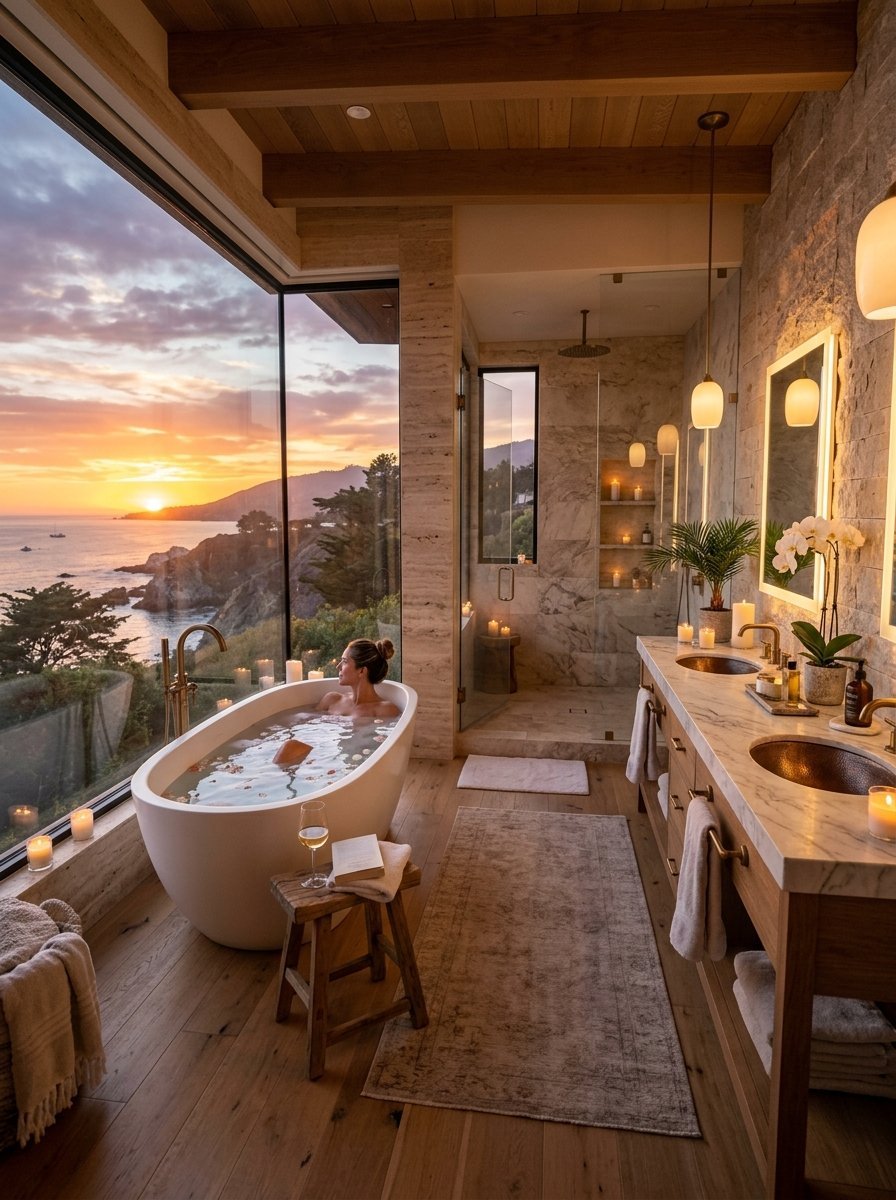 A woman baths in a modern tub next to floor-to-ceiling windows with a scenic coastal ocean sunset view.