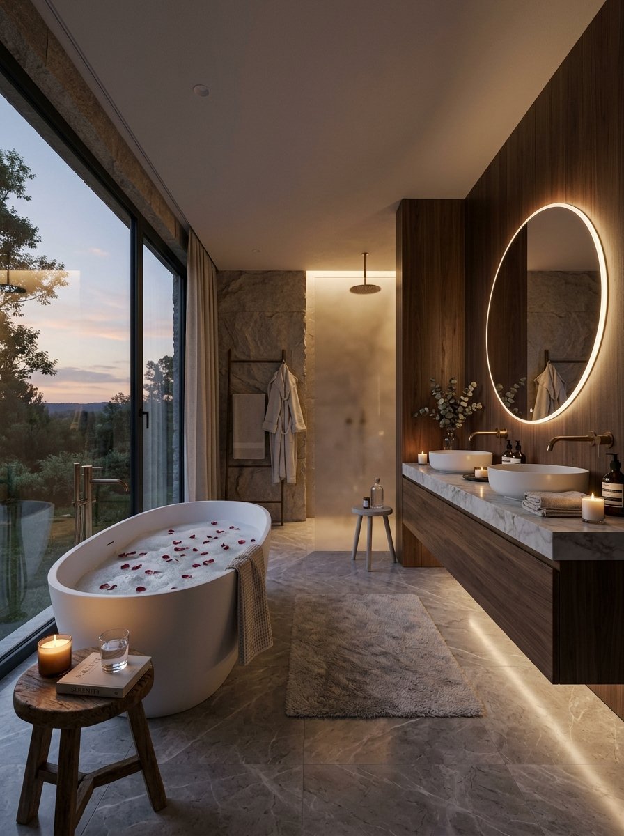 Modern bathroom with a freestanding tub, petals, double vanity, and large window overlooking a forest at dusk.