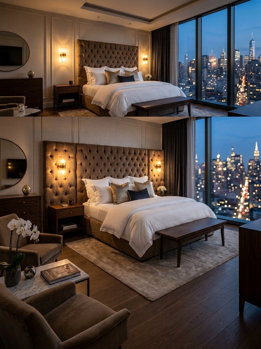 A high-rise bedroom with a plush brown tufted headboard and chairs overlooking an illuminated nighttime city.