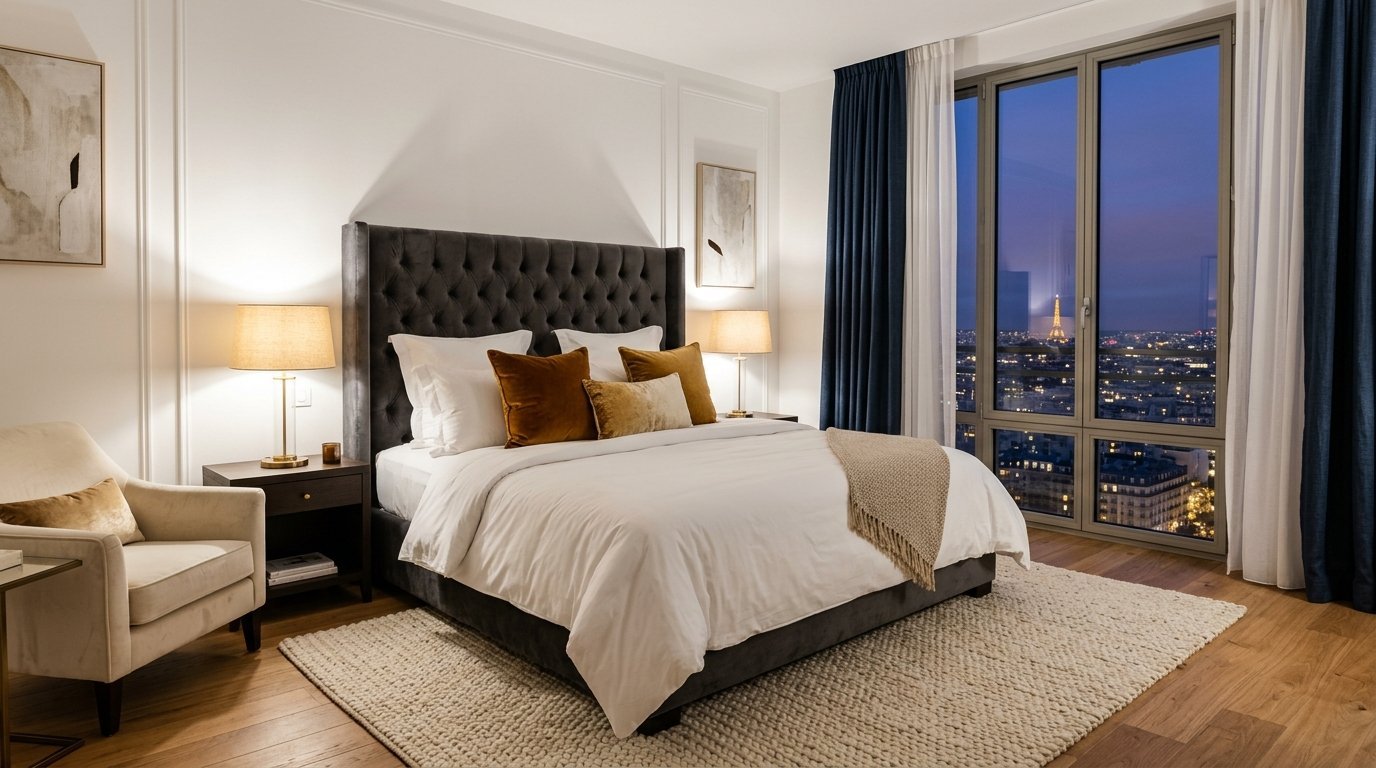A plush tufted bed and cozy armchair in a luxury room with a distant view of the Eiffel Tower.