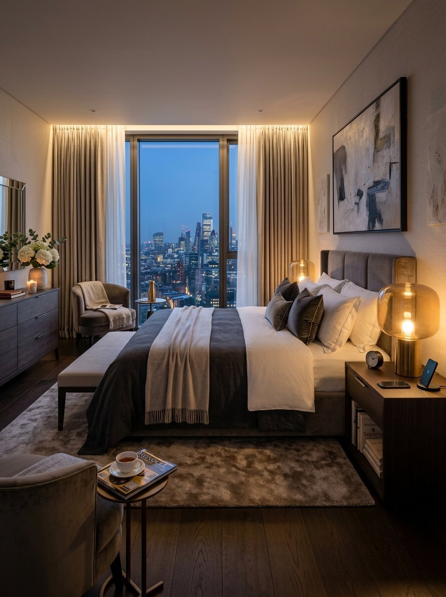 Modern bedroom with a plush bed, ambient lighting, and a night skyline view through large windows.