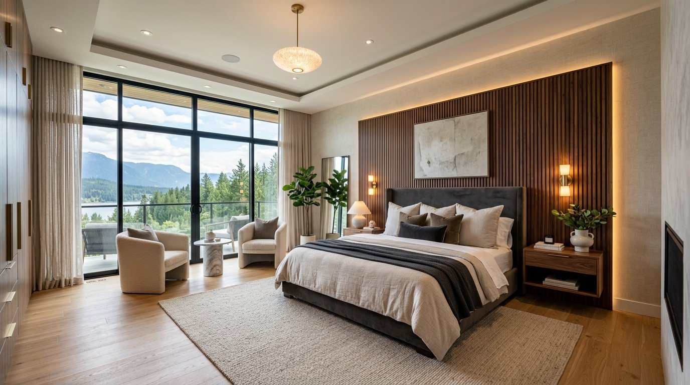 A serene bedroom featuring a wood-paneled feature wall, plush bed, and floor-to-ceiling windows overlooking mountains.