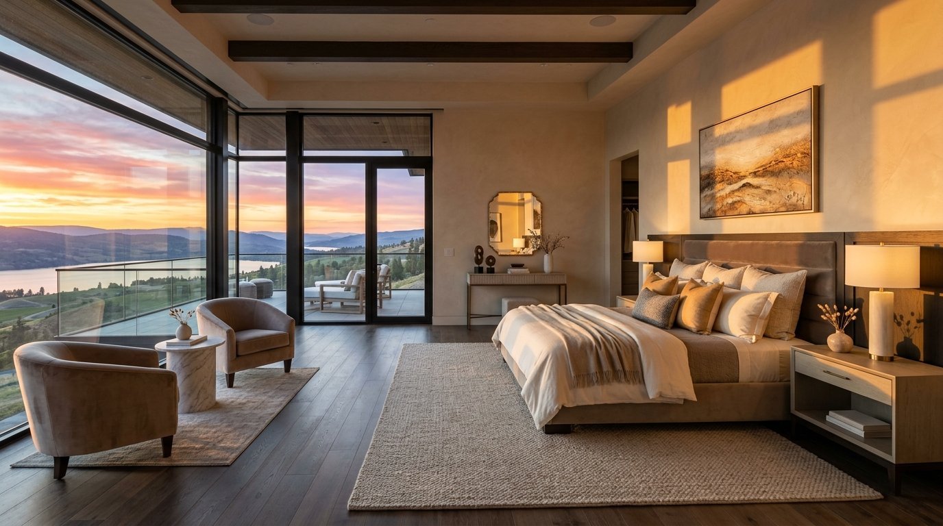 Modern bedroom with large windows showcasing a vibrant sunset over a lake and hills.