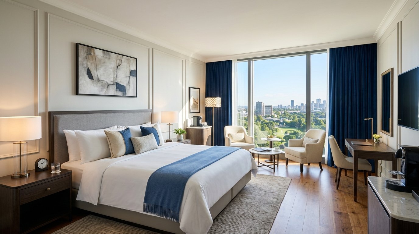 A hotel bedroom with a large bed, dark blue curtains, and armchairs overlooking a green park and city skyline.