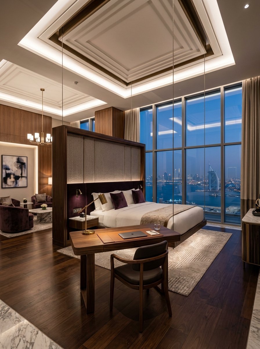 High-end hotel bedroom with a floating bed, wooden desk, and large windows overlooking the Dubai coastline at dusk.