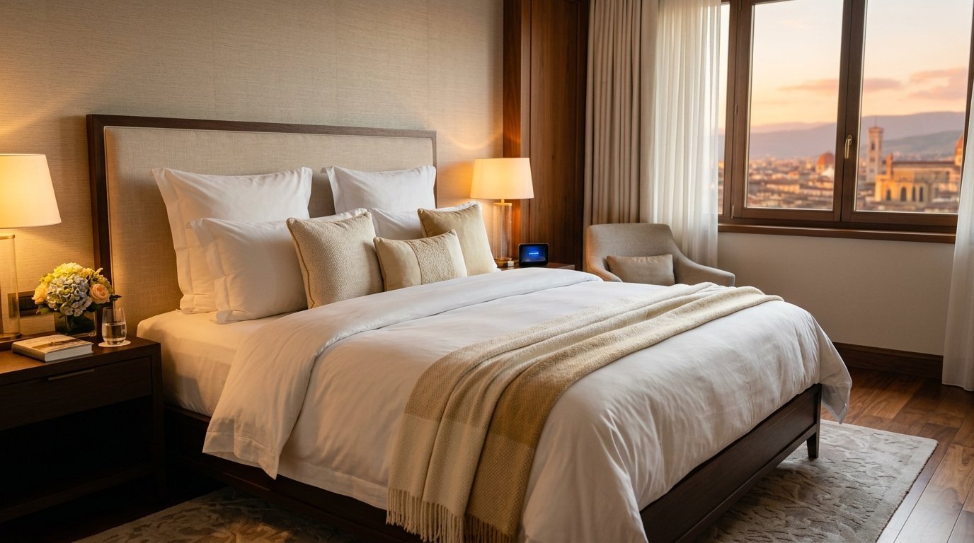 A plush hotel bed with white linens and beige accents beside a window showing a city vista with a dome.