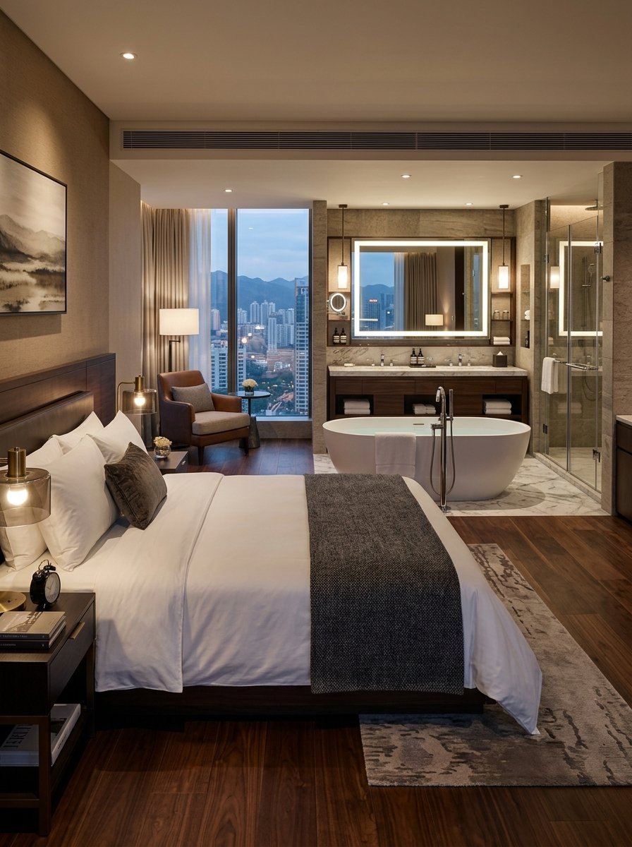 A hotel bedroom interior with a white oval freestanding tub and city skyline view through floor-to-ceiling windows.