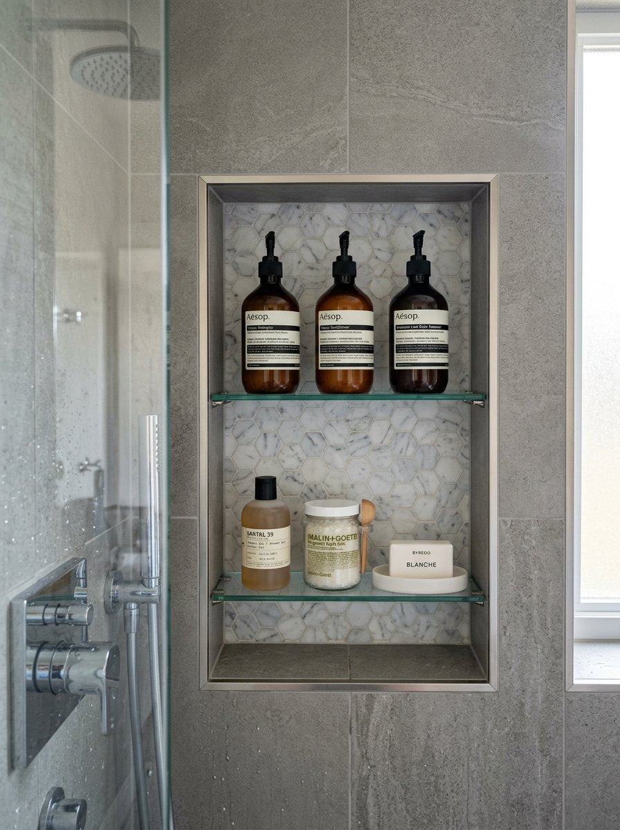Close up of an inset shower wall niche featuring glass shelves lined with luxury Aesop and Malin+Goetz bath products.