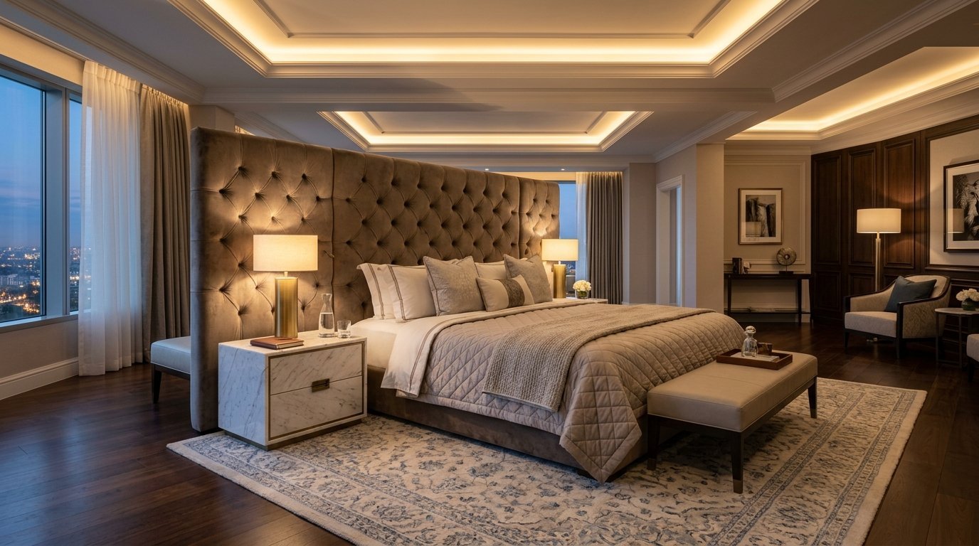 Modern luxury hotel room featuring a large button-tufted headboard, marble nightstand, and city skyline view.