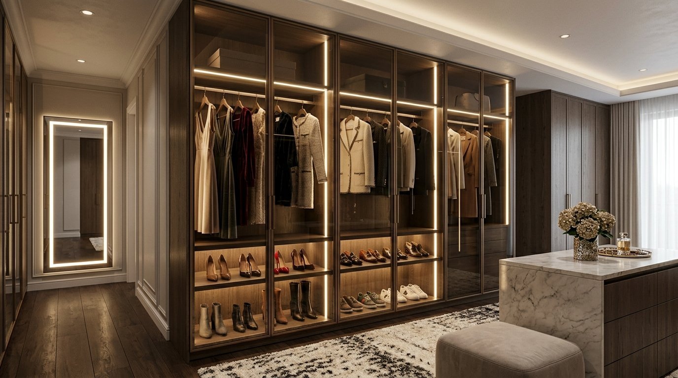 A sleek, modern dressing room with LED-lit glass wardrobes, wooden floors, and a marble-topped storage island.