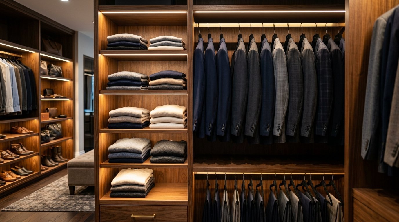 Custom walnut closet shelving unit with folded sweaters and rows of hanging suit jackets.