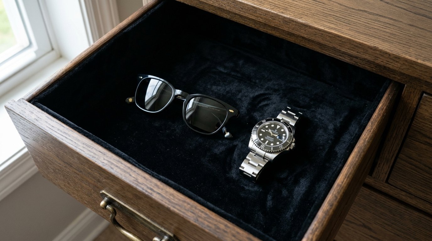 Close up of a stainless steel dive watch and designer sunglasses on velvet lining in an open oak drawer.