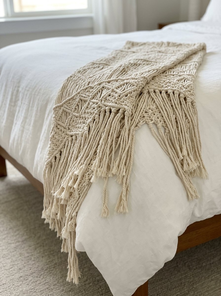 Close up of an intricate beige macrame blanket with long tassels laid across a white duvet on a wooden bed frame.