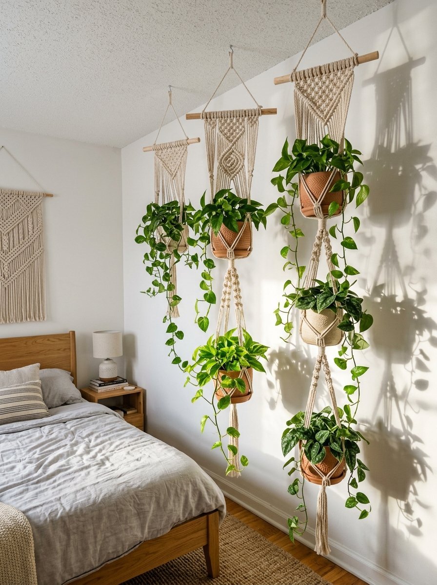 Several tiered macrame plant hangers with trailing pothos plants hanging against a white bedroom wall.