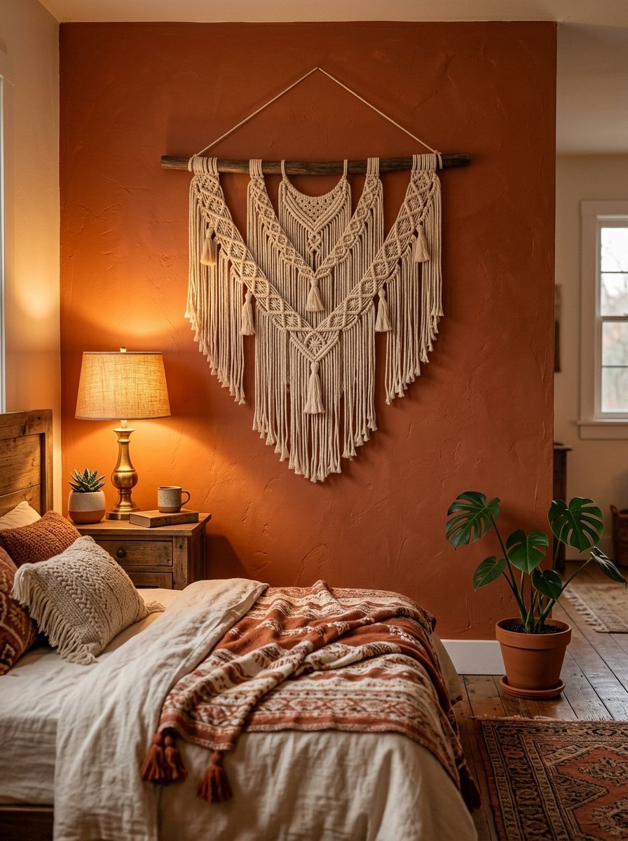 Large woven macrame fiber art piece hanging above a bed with terracotta colored walls in a cozy bedroom.