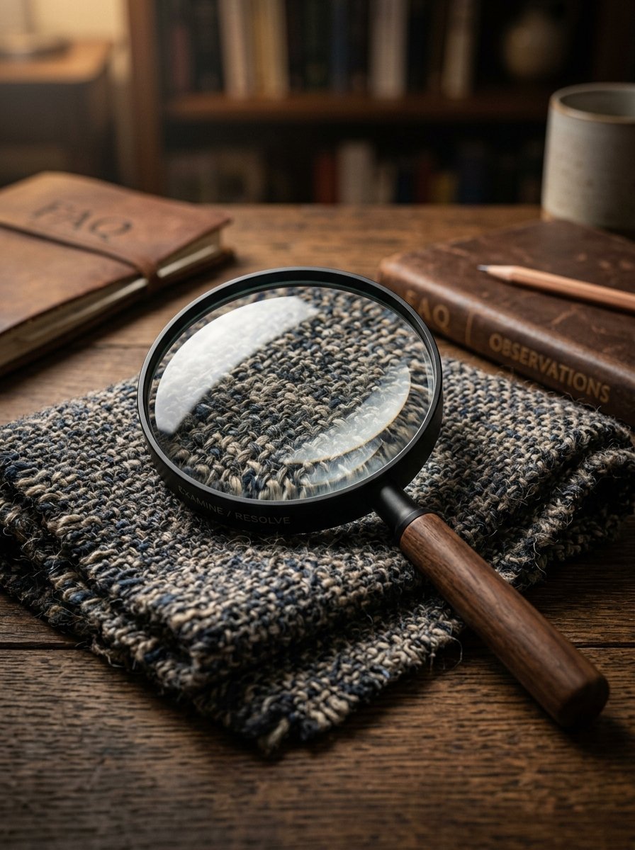 Black handled magnifying lens inspecting the texture of a grey woven fabric on a desk with books.