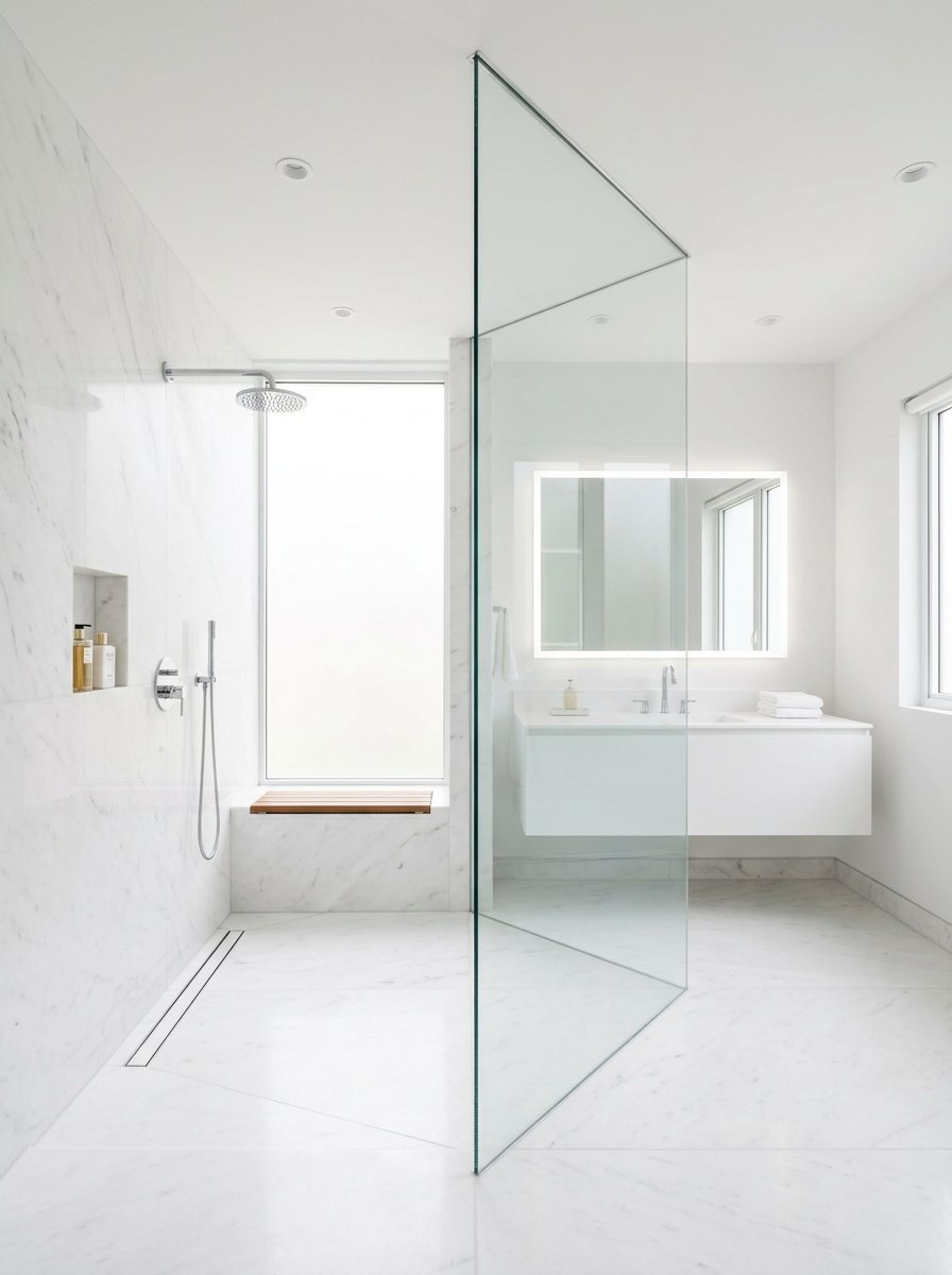 Modern bathroom with white marble walls, a glass partition, walk-in shower, and floating vanity with backlit mirror.