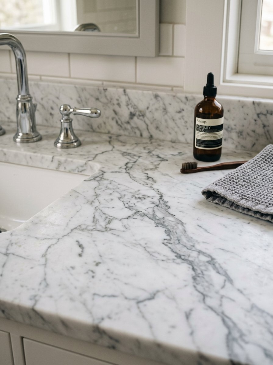 Close up of a marble bathroom vanity with an Aesop bottle, wooden toothbrush, and a folded grey waffle-weave cloth.