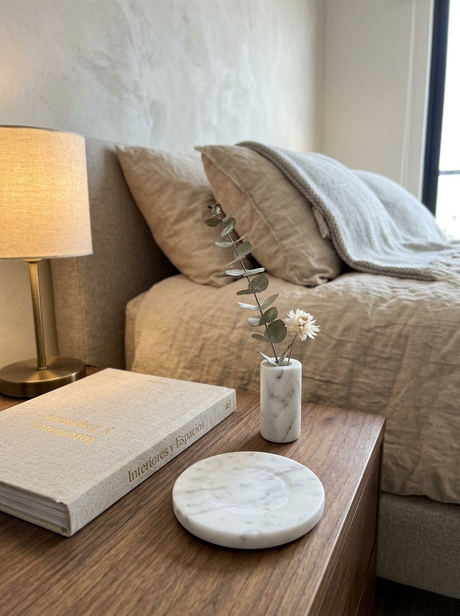 A white marble vase with dried eucalyptus and a stone coaster sitting on a wooden bedside table.