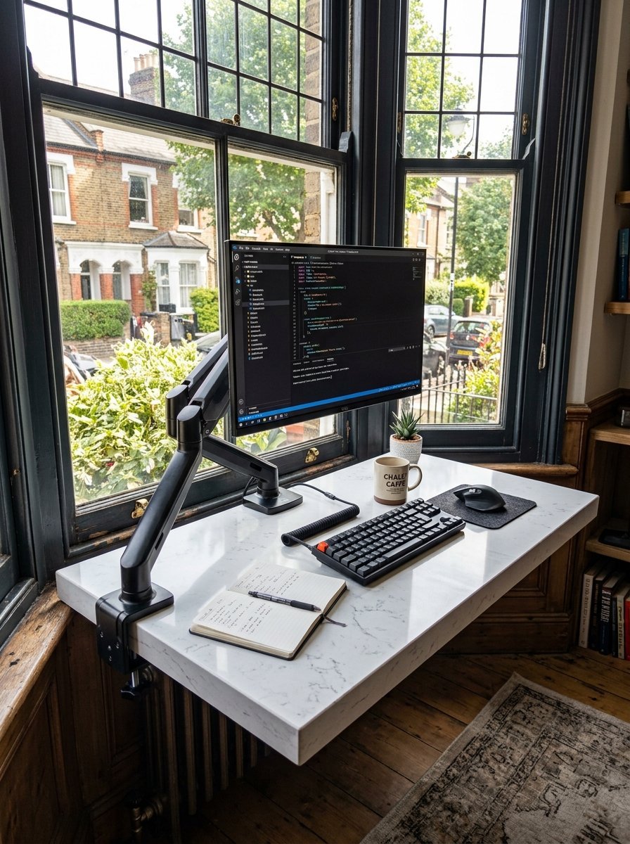 Code editor displayed on a monitor mounted on a marble desk with a keyboard and journal in a home office.