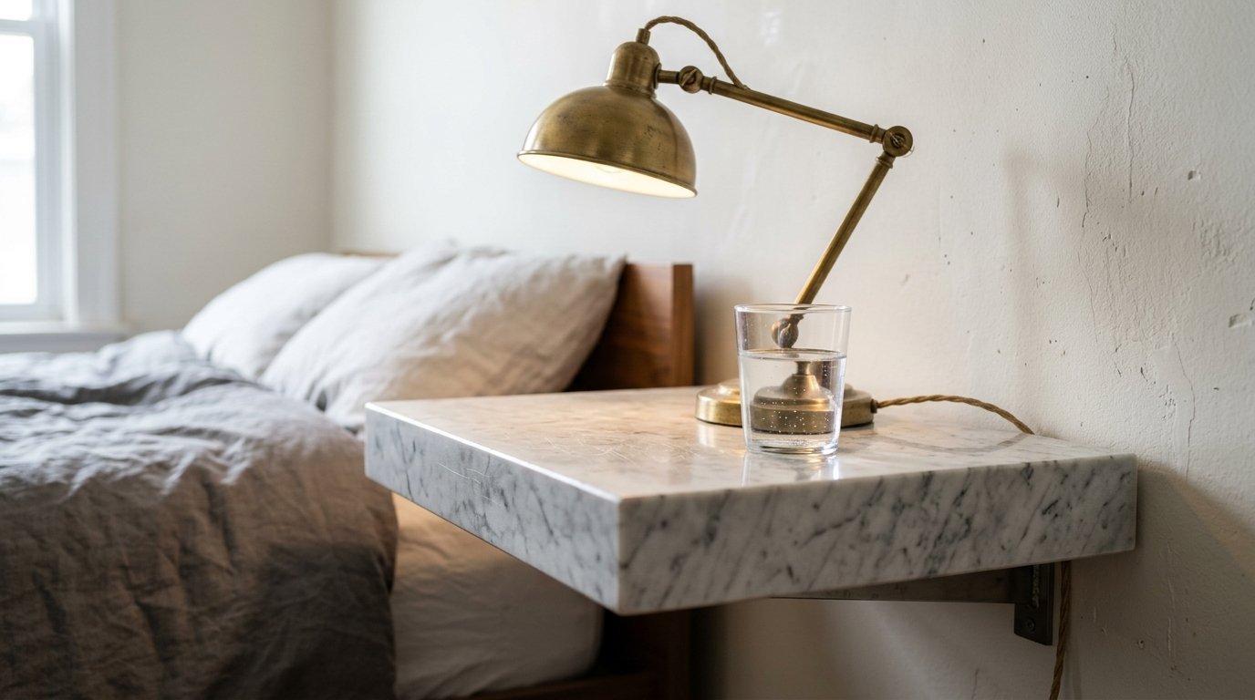A white marble floating shelf holds a glass of water and a brass lamp next to a bed with grey linen bedding.