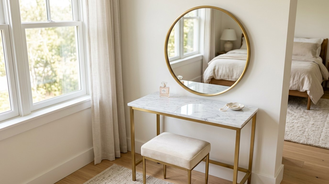 A gold-framed round mirror hangs above a marble-topped vanity desk with a cream upholstered stool.