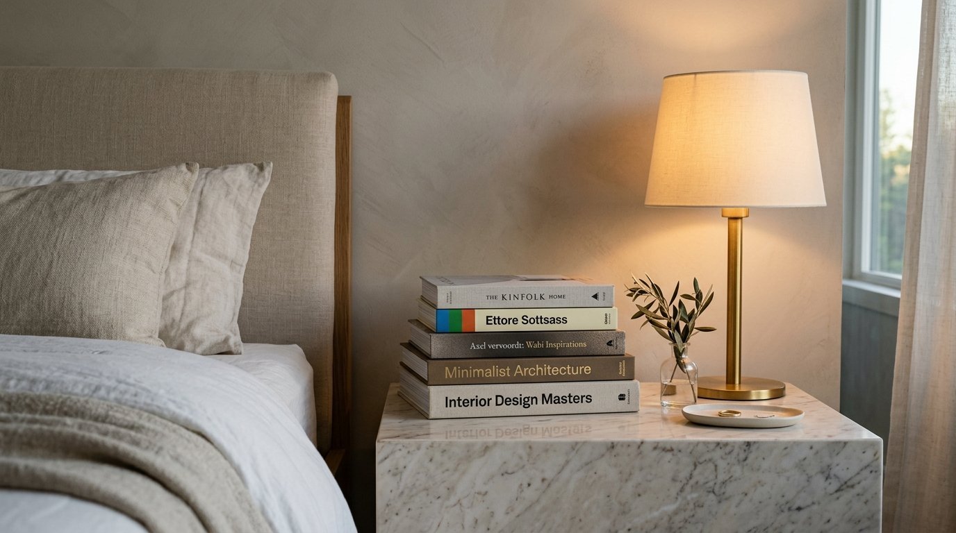 A marble bedside table featuring a stack of interior design books, a brass lamp, and a small vase of greenery.