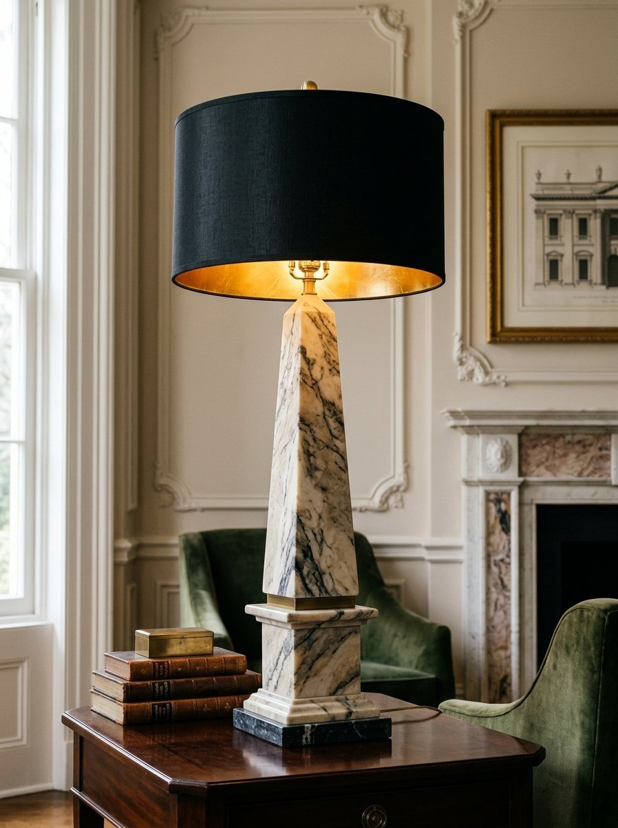 A sculptural marble lamp shaped like an obelisk sits on a wooden side table next to a stack of old books.