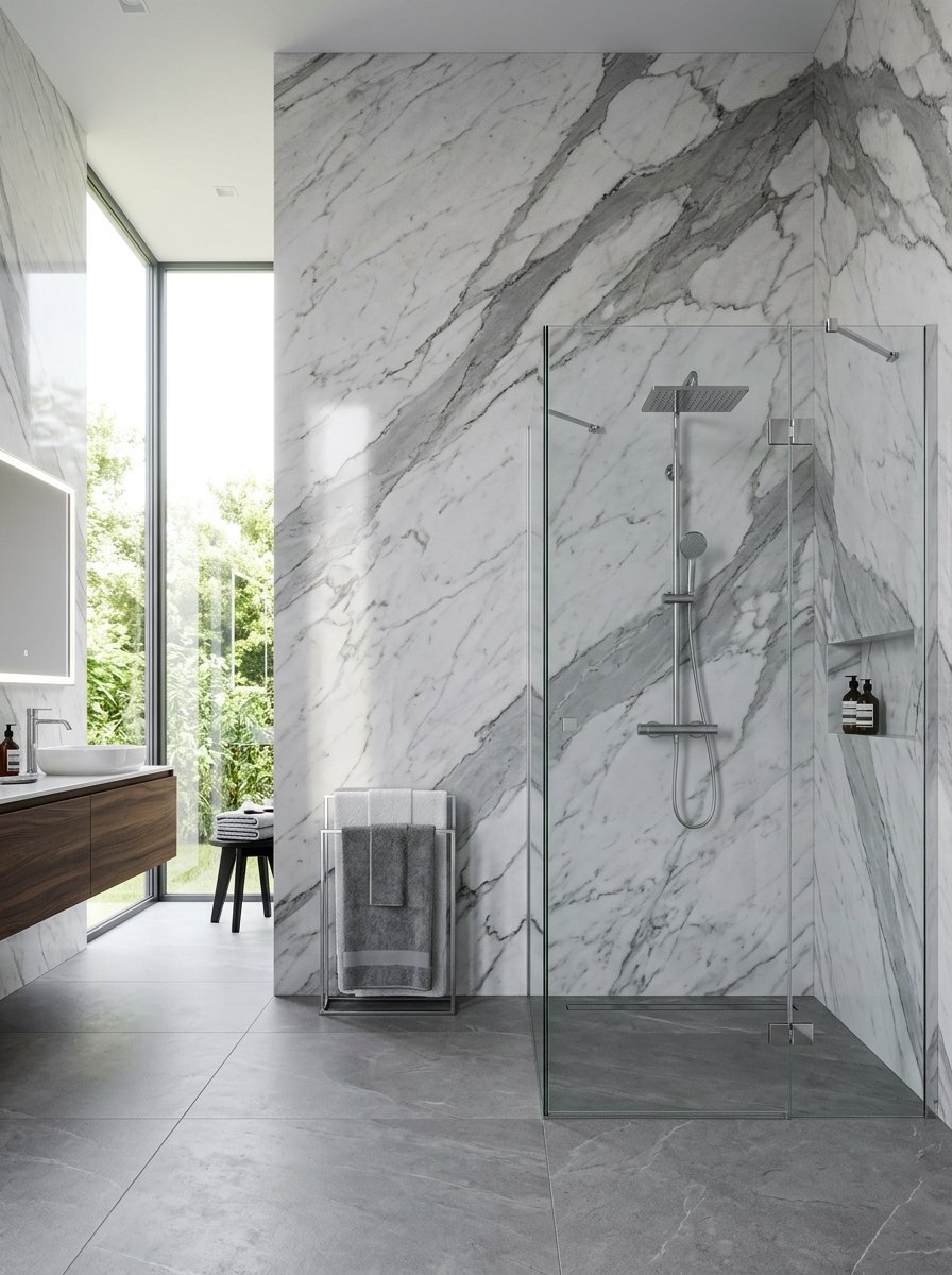 Walk-in glass shower enclosure set against dramatic veined marble paneling with a floating wood vanity.