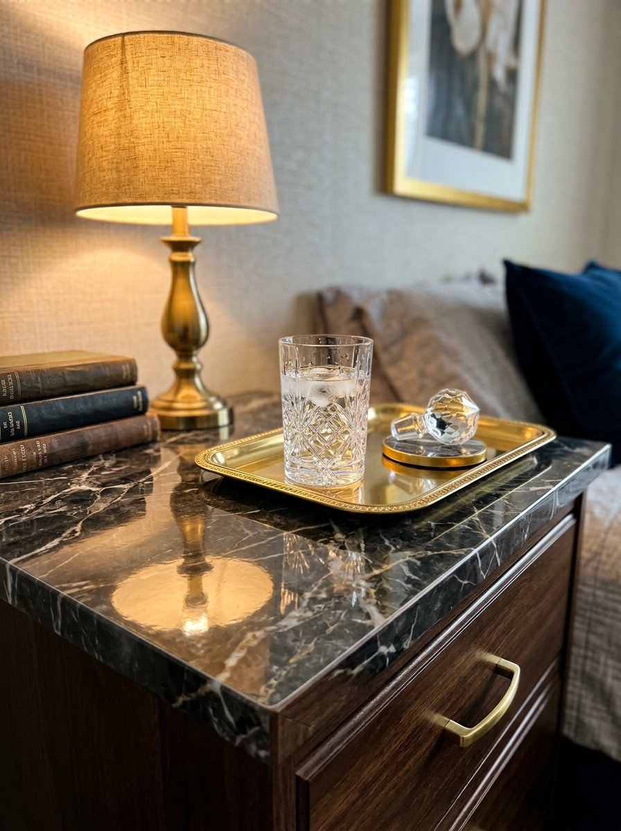 Crystal glass with ice on a gold tray sitting on a dark marble nightstand next to a vintage lamp.