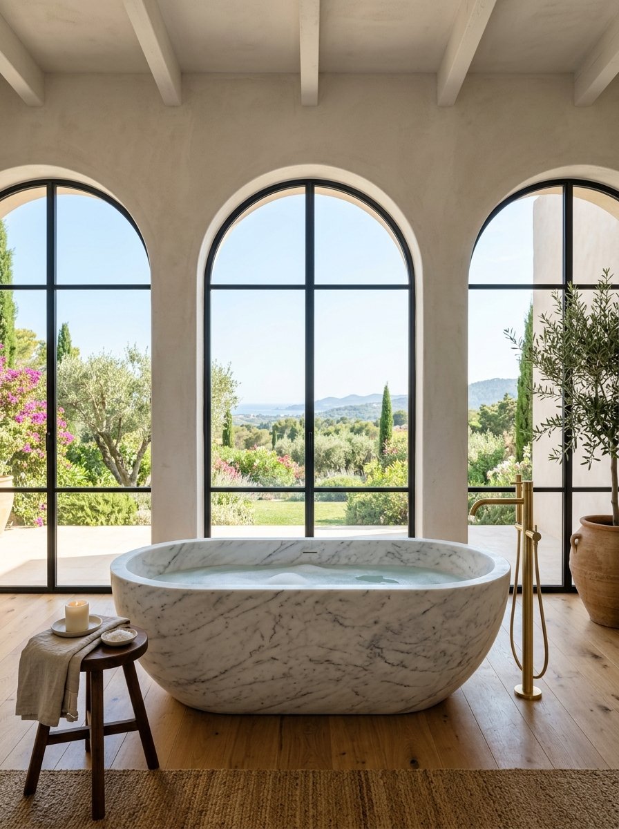 A freestanding marble soaking tub sits in a room with large arched windows showcasing a lush outdoor landscape.