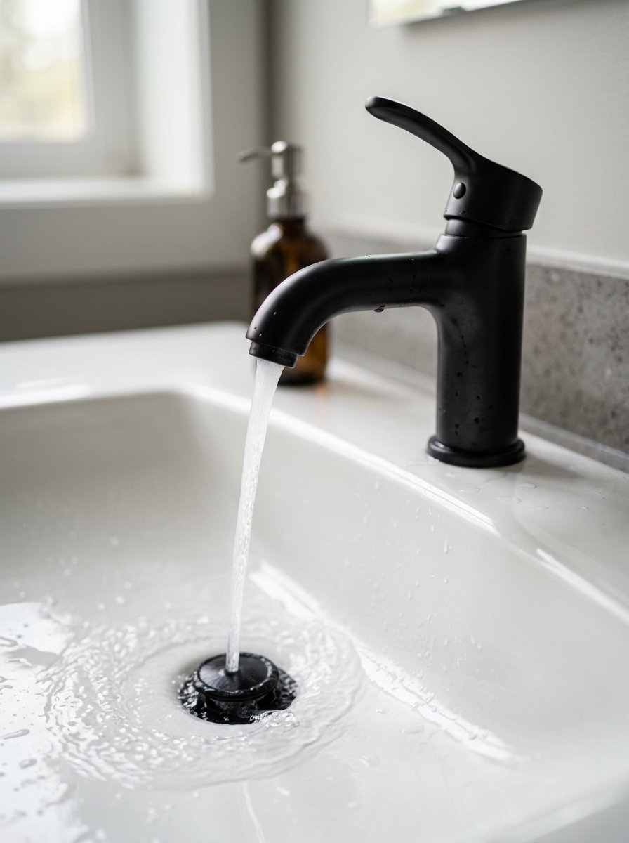 Water flows from a matte black faucet into a white ceramic bathroom basin.