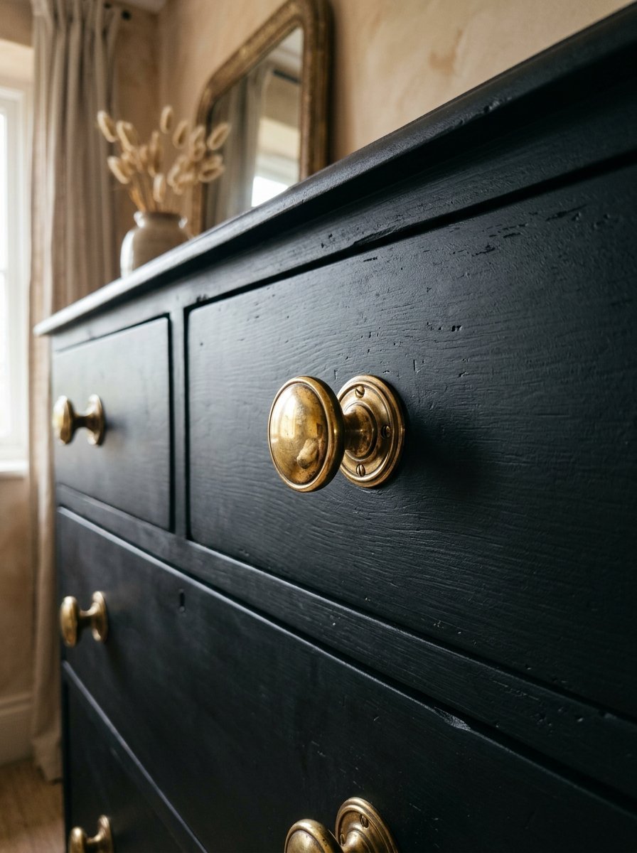 Close-up of a dark charcoal painted dresser with vintage round brass handles in a bedroom.