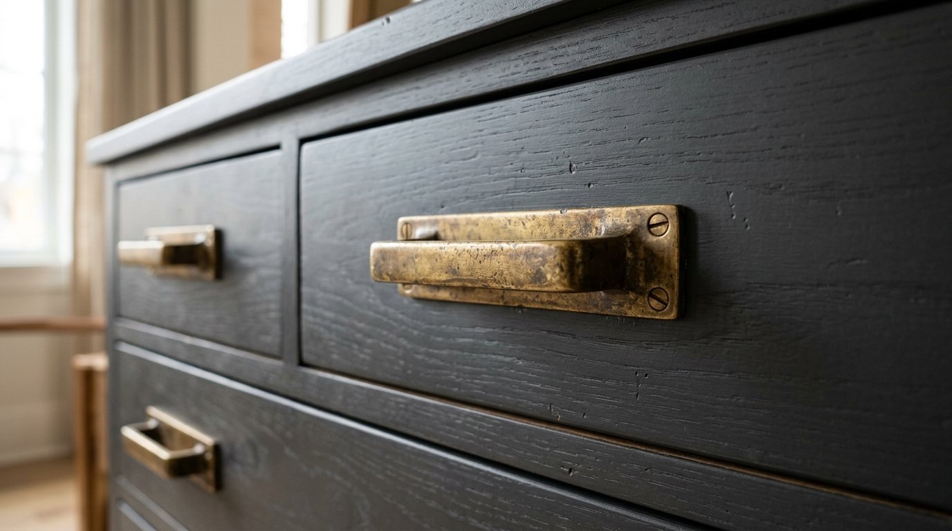 Dark stained oak chest of drawers featuring weathered gold metal bin handles in a shallow depth of field.