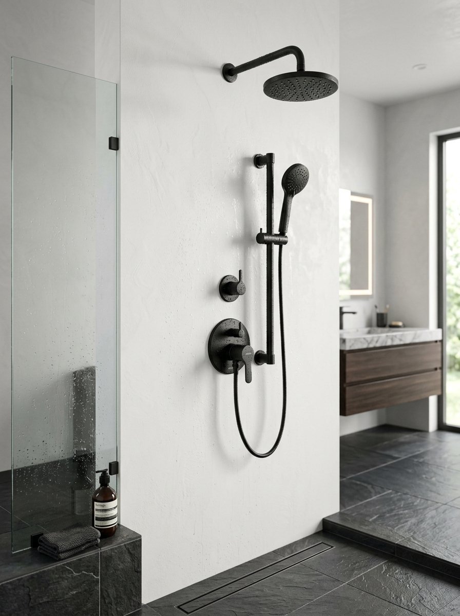A sleek black wall-mounted shower system with a rainfall head and sliding handheld unit in a contemporary bathroom.