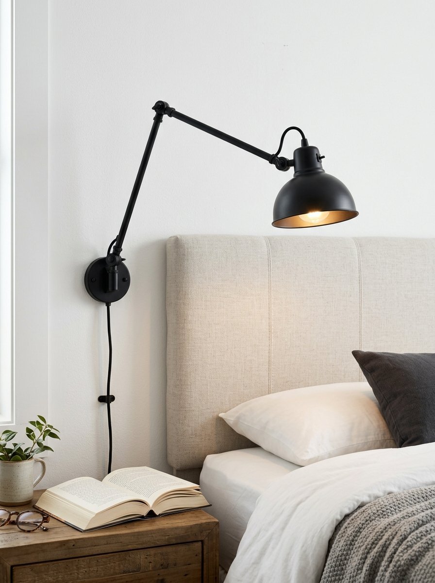 A black industrial swing-arm wall lamp mounted above a neutral upholstered bed.