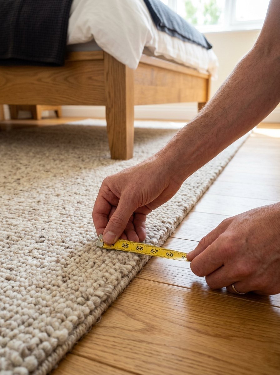 Close-up of hands measuring the edge of a textured beige rug on hardwood floors near a wooden bed frame.